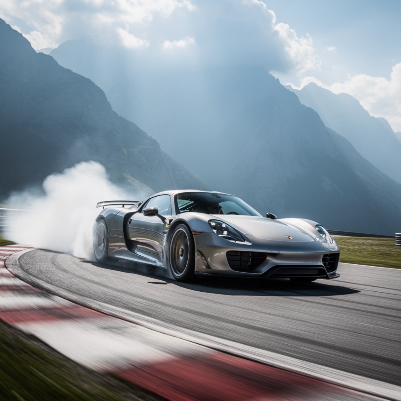 A sleek sports car drifts dramatically on a winding mountain road, creating clouds of smoke. Majestic mountains rise in the background under a cloudy sky.