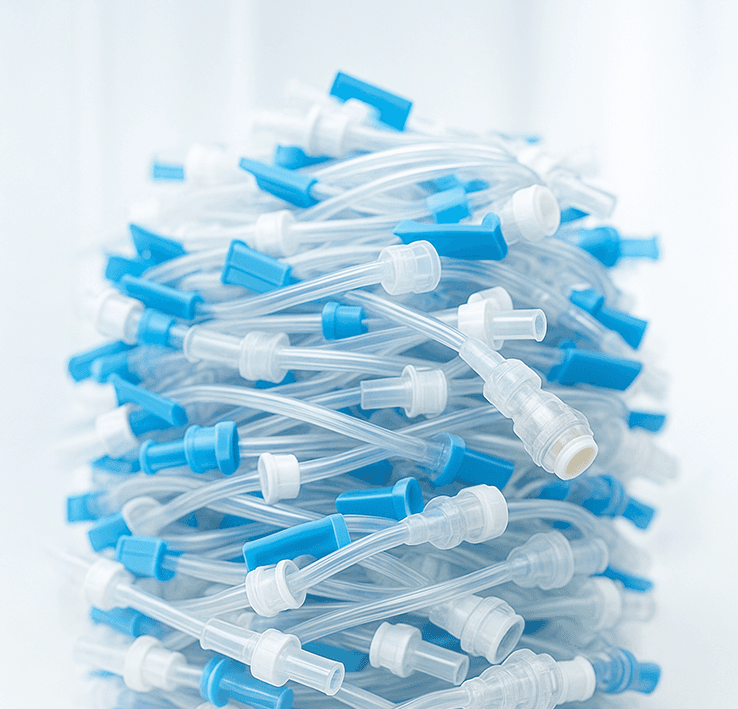 arge pile of disposable blue and white surgical masks stacked on top of each other, illustrating the problem of medical waste in the healthcare system