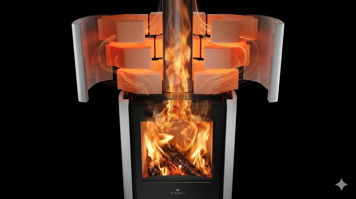 Sezione tecnica stufa a legna Rizzoli con sistema di accumulo del calore e percorso dei fumi