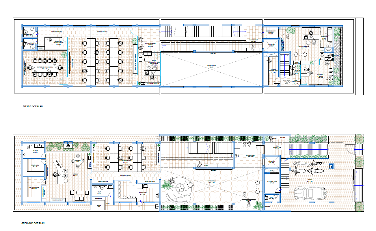 Futura + JHMC, P. Velur – ground and first floor linear plans organised around a central atrium, designed by Rooted Narratives, Bengaluru.