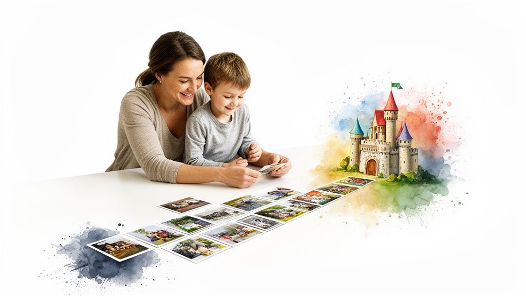 A mother and son happily arrange printed photos leading to a whimsical castle illustration.