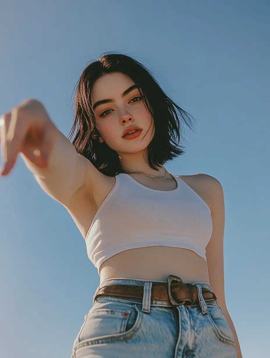 Young woman in a white crop top and jeans against a blue sky