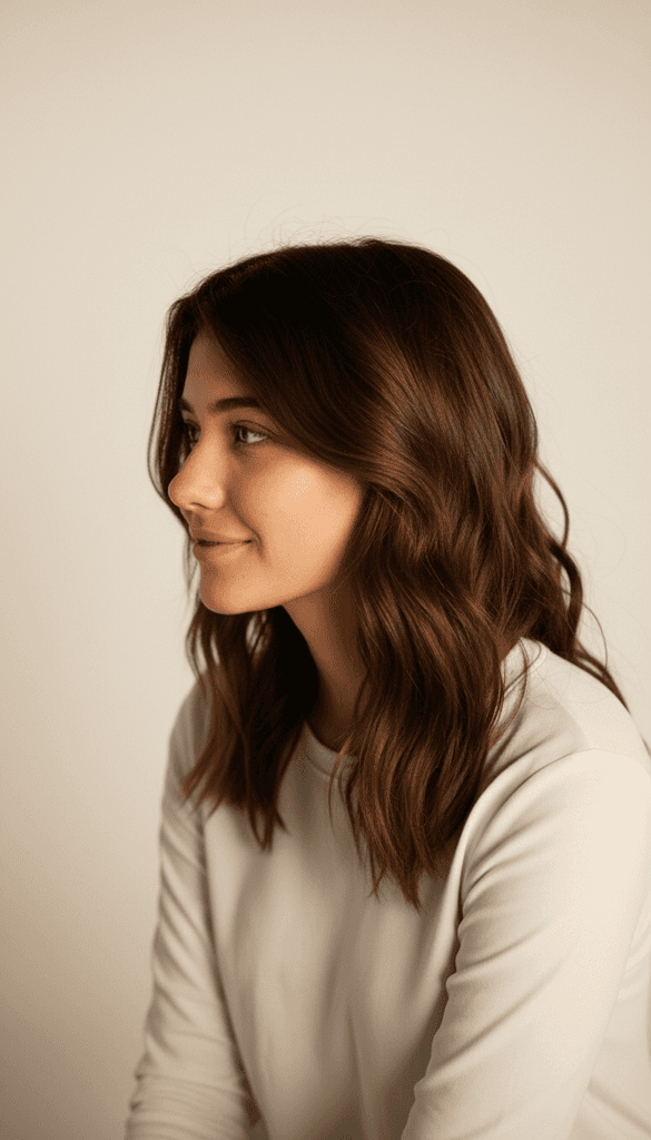Young woman in a white shirt with a colorful gradient print, against a plain background.