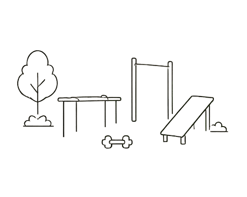 Illustration of an outdoor fitness area with exercise equipment among landscaped gardens.