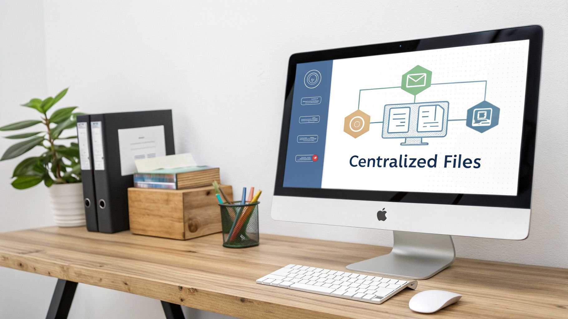 A modern office desk with an Apple iMac displaying 'Centralized Files' alongside office supplies.