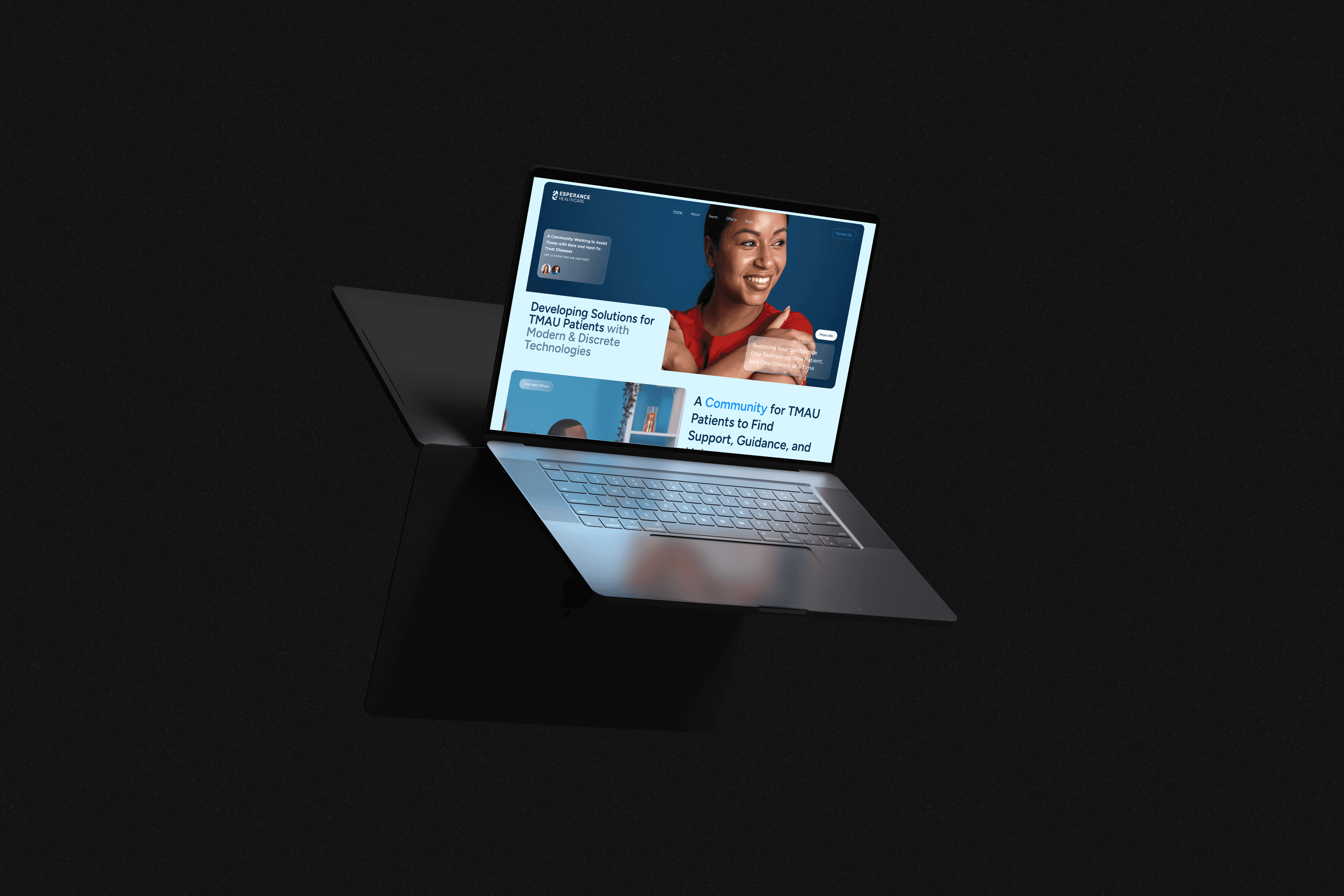 a floating laptop in a dark studio setting showcasing a website