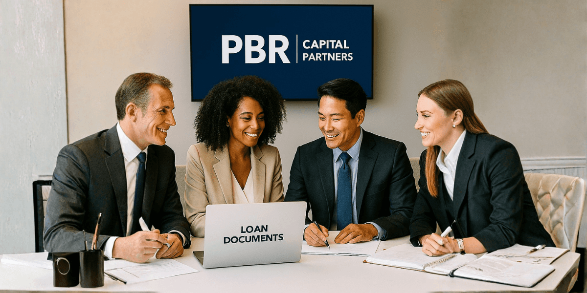 "Team at PBR Capital Partners collaborating on loan documents, reflecting the firm’s commitment to responsive, personalized bridge loan services."