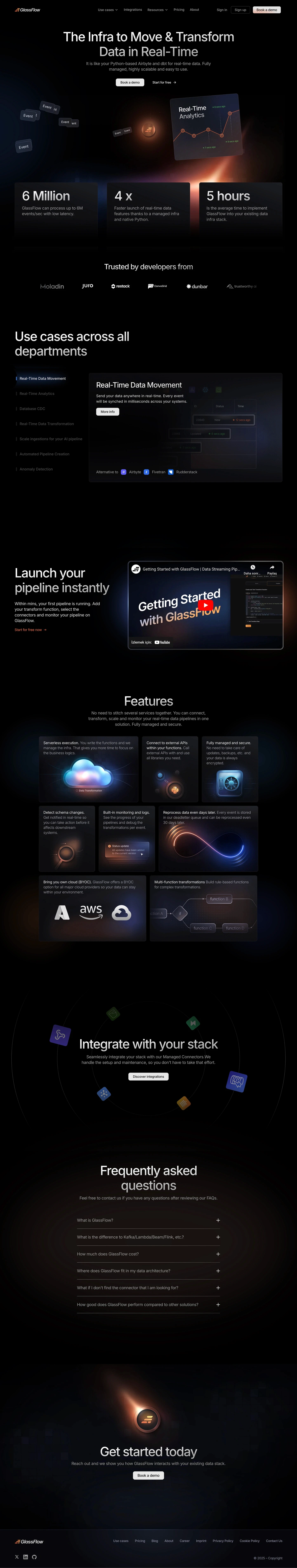 GlassFlow landing page screenshot showcasing Development design