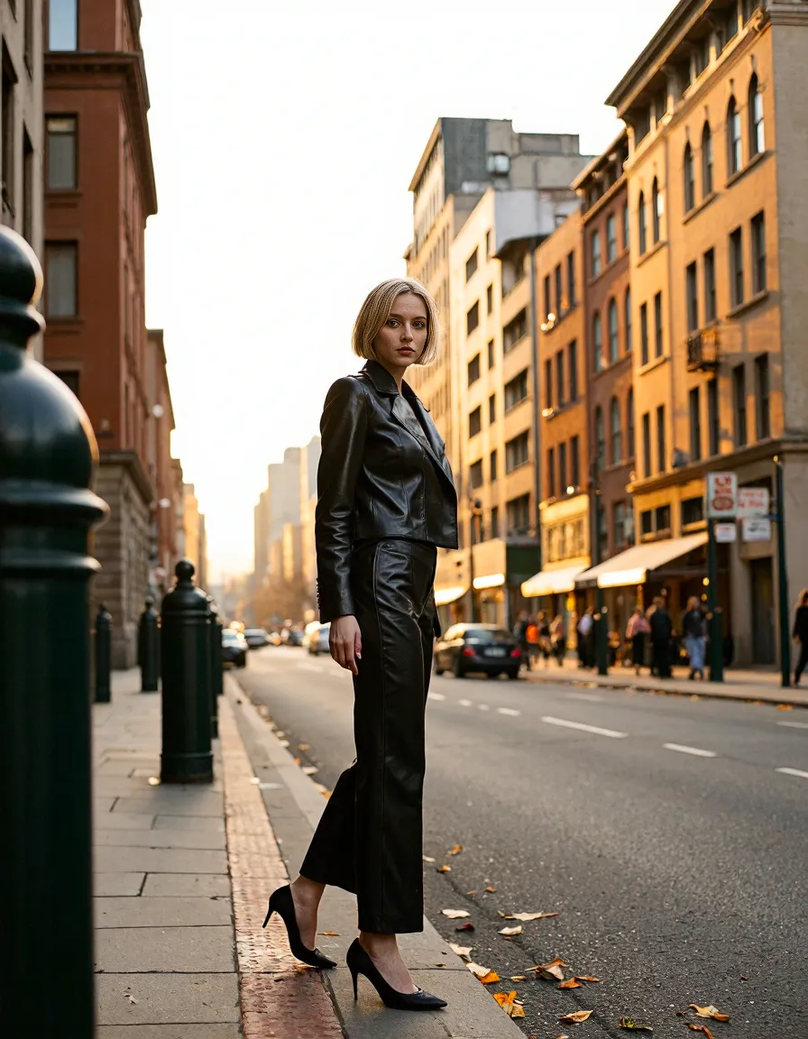 Stylish leather outfit captured on city sidewalk during golden hour with warm-toned historic buildings and autumn leaves in background