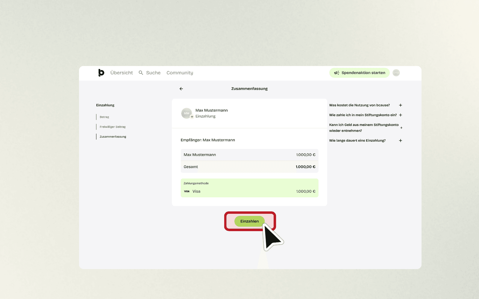 Finale Bestätigungsseite mit Betrag und grünem Einzahlen-Button