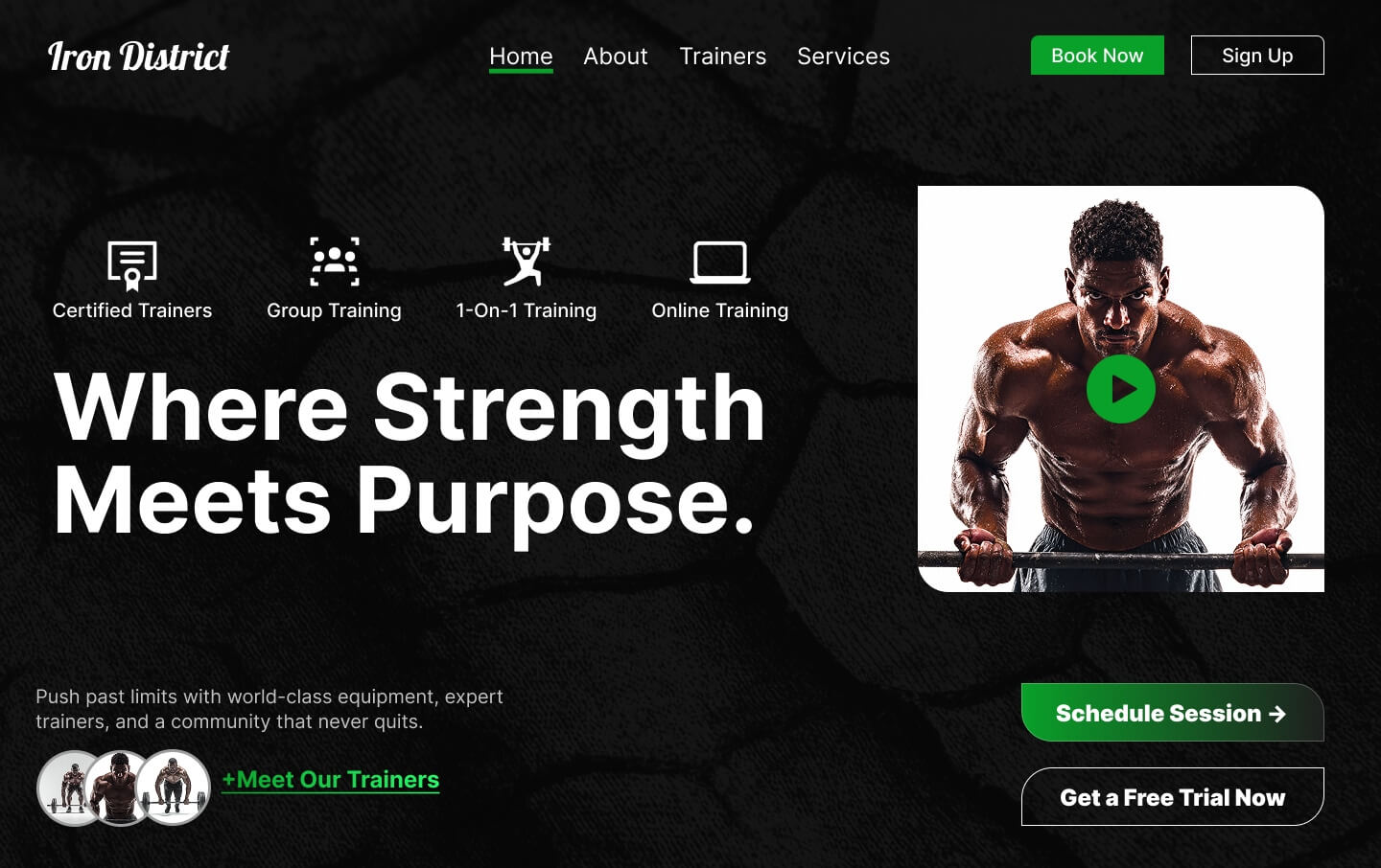 Hero section design for a mockup gym brand