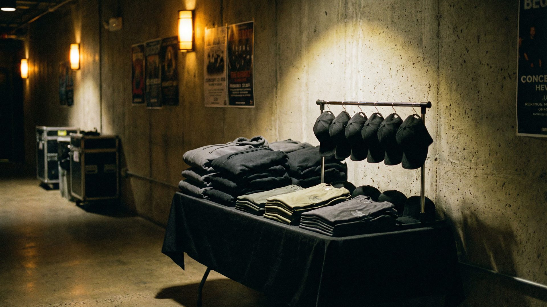 A premium artist merchandise table set up in a dark concert venue corridor, with neatly folded charcoal hoodies, stacked t-shirts, and a row of fitted caps on a display rack under a warm LED spotlight.