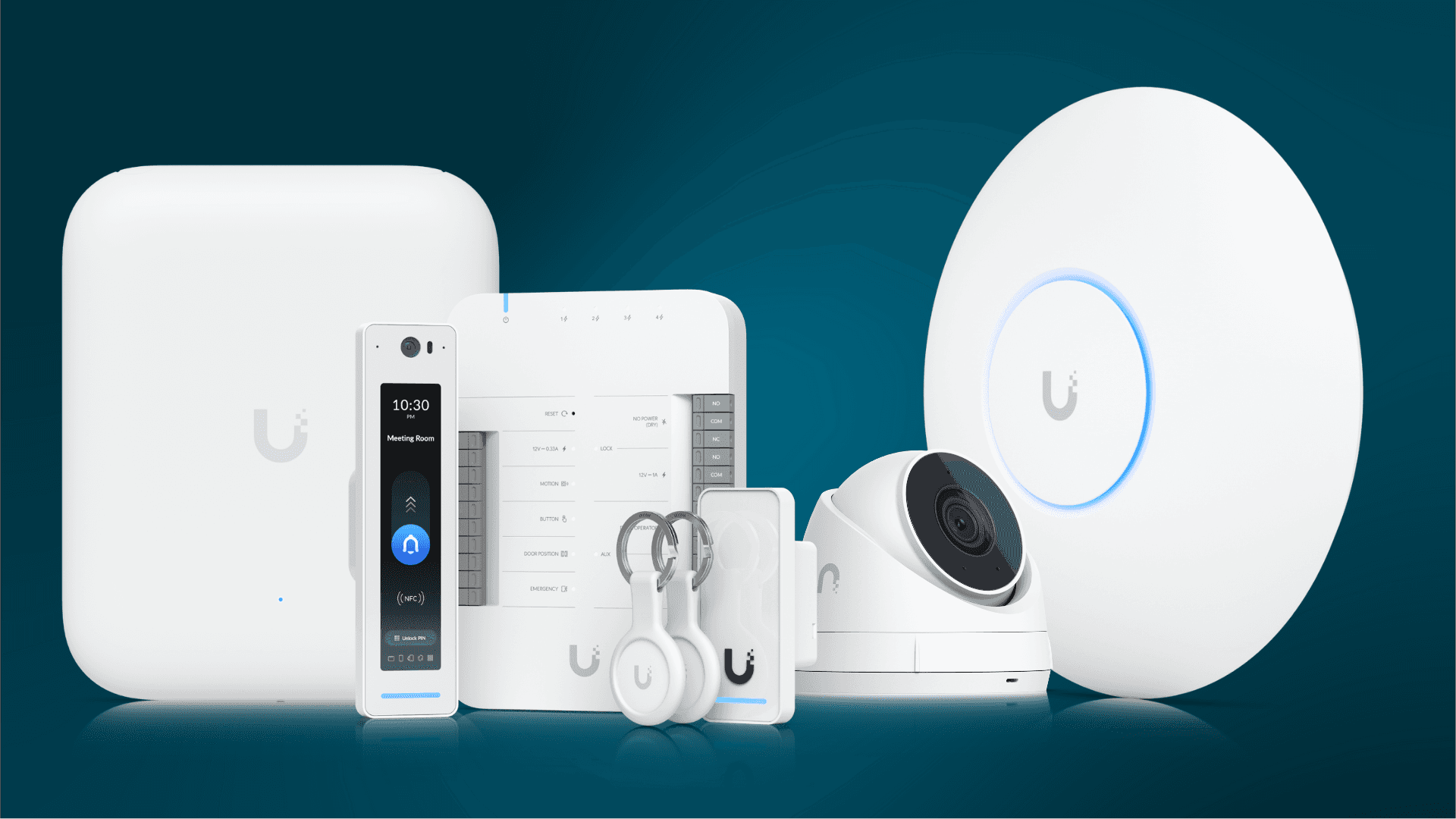 UniFi access point, switch, camera, and network console in a business installation.