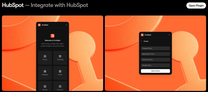 Plugin oficial de HubSpot para Framer con panel de Forms, Tracking, Widgets y listado de formularios HubSpot embebibles