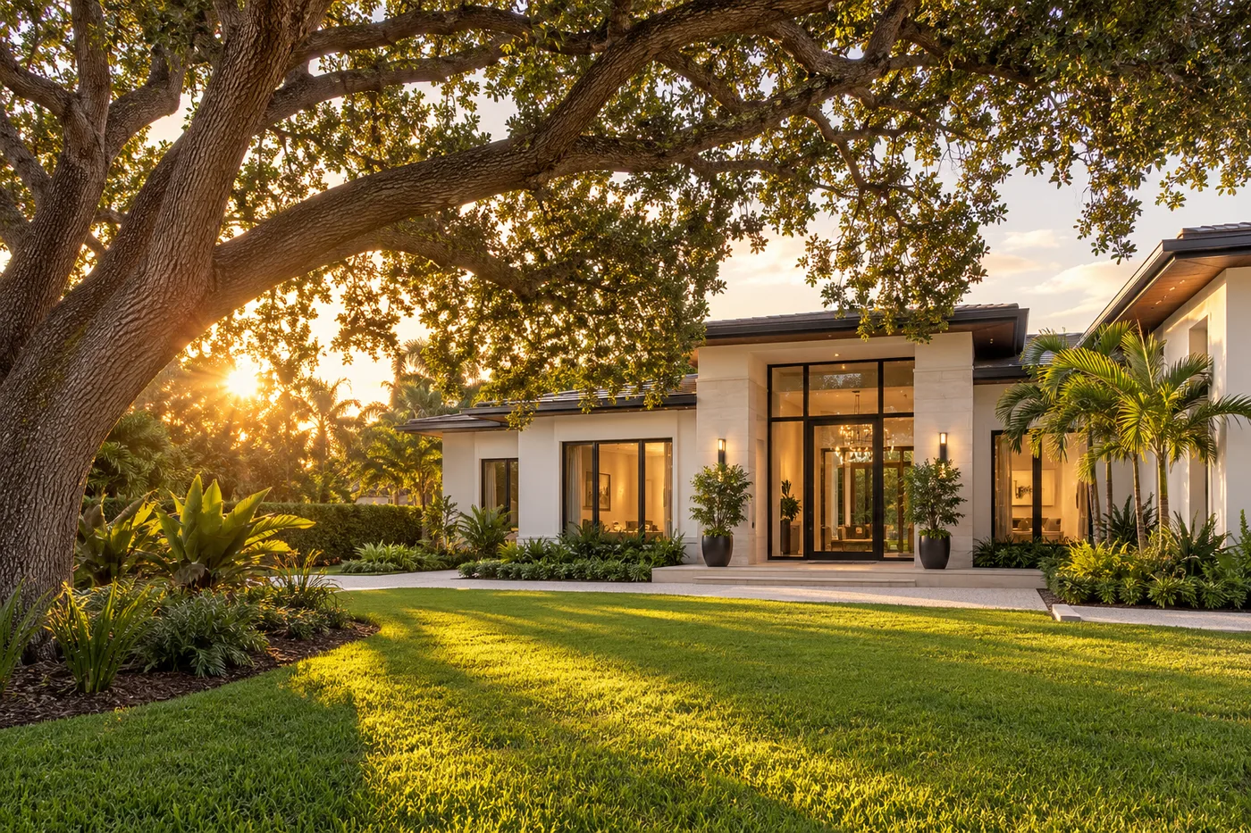 Modern home with a lawn at golden hour