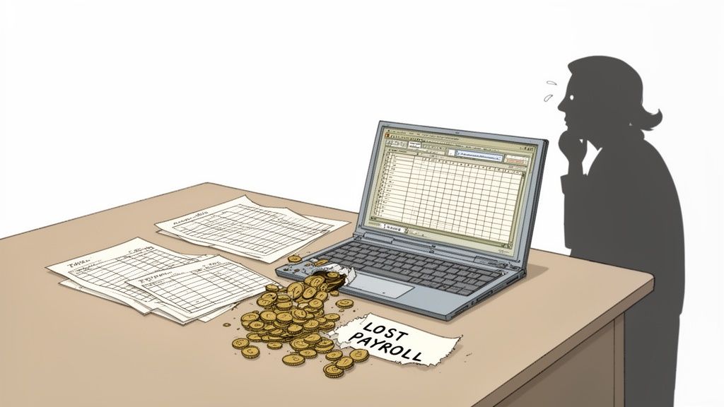 A worried shadow looks at a laptop spilling coins, with a 'LOST PAYROLL' note.