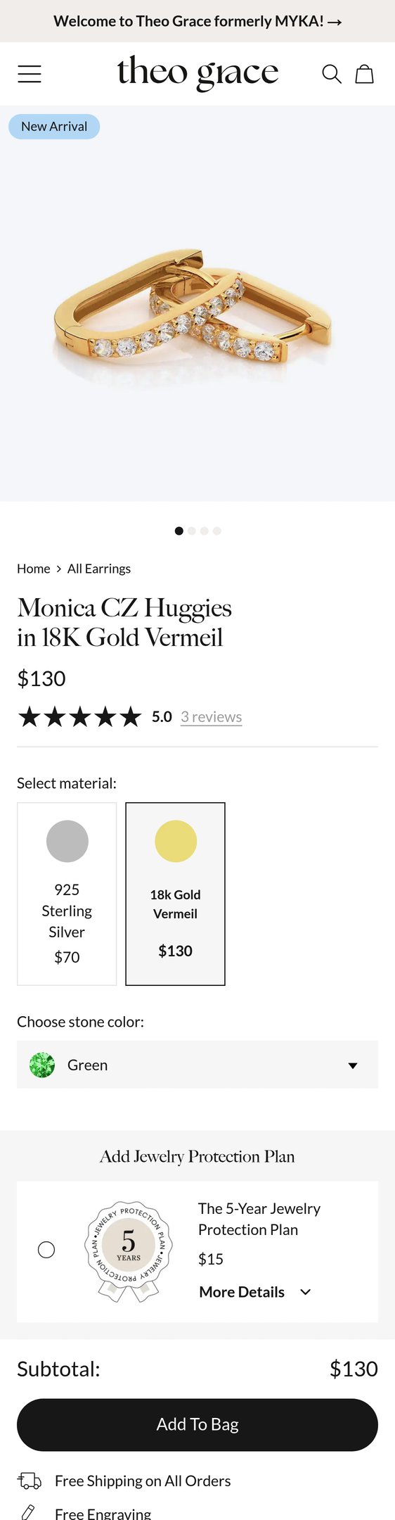 Jewelry product options include: earring for Monica CZ Huggies in 18K Gold Vermeil from Theo Grace.