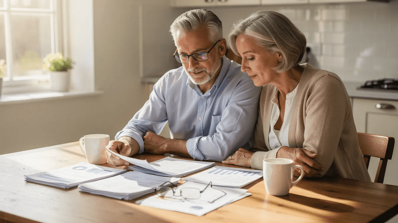 An older couple sits calmly at a kitchen table, reviewing financial papers in the warm sunlight streaming through the window. They are discussing effective cash management strategies to ensure their cash reserves are optimized for future cash needs and unexpected expenses.