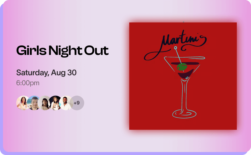 A colorful graphic featuring a cocktail glass, with vibrant text on a red background and pastel border.
