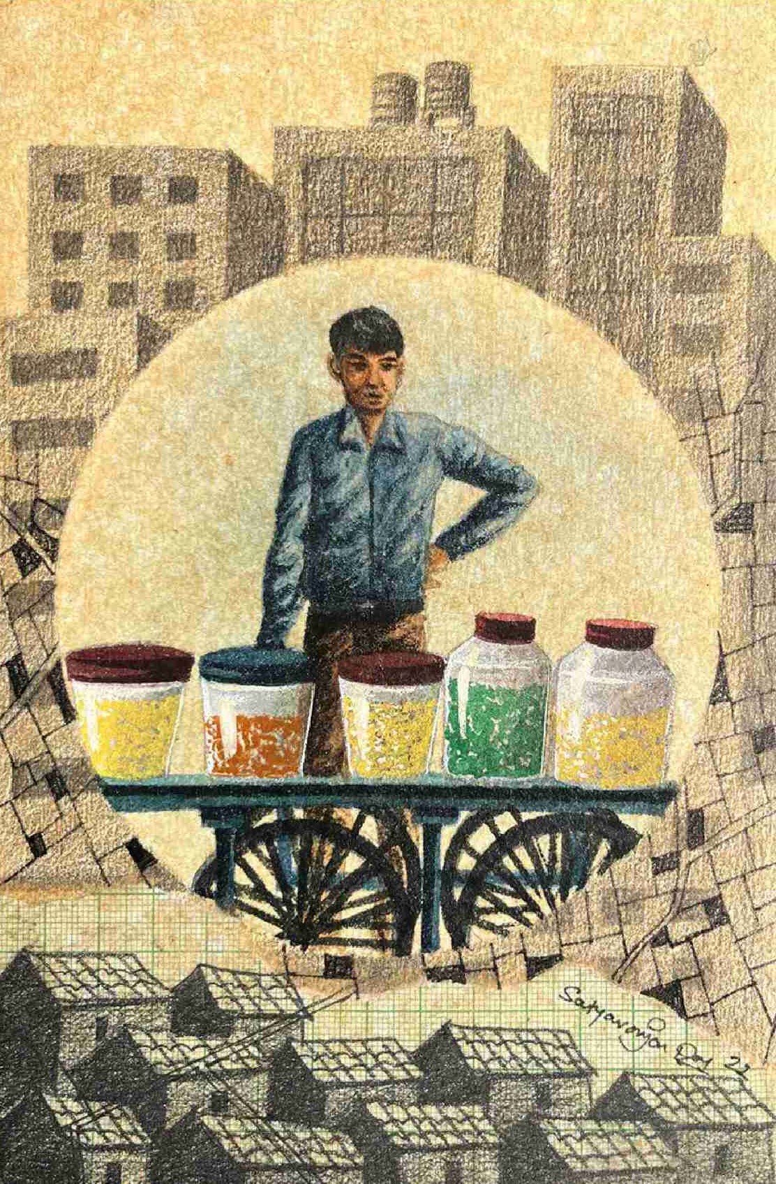 herd of sheep on road painting