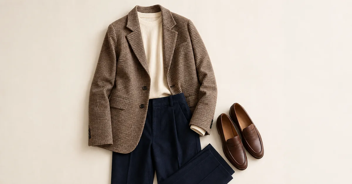 Hero garment beside a phone showing a matching outfit for clothing rotation system on a warm ivory background