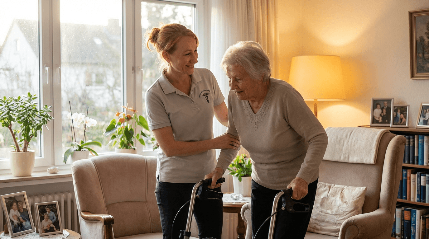 Hausbesuch einer Physiotherapeutin bei einer älteren Dame