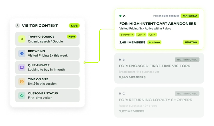 Diagram showing visitor data sorting into audience segments that update in real time