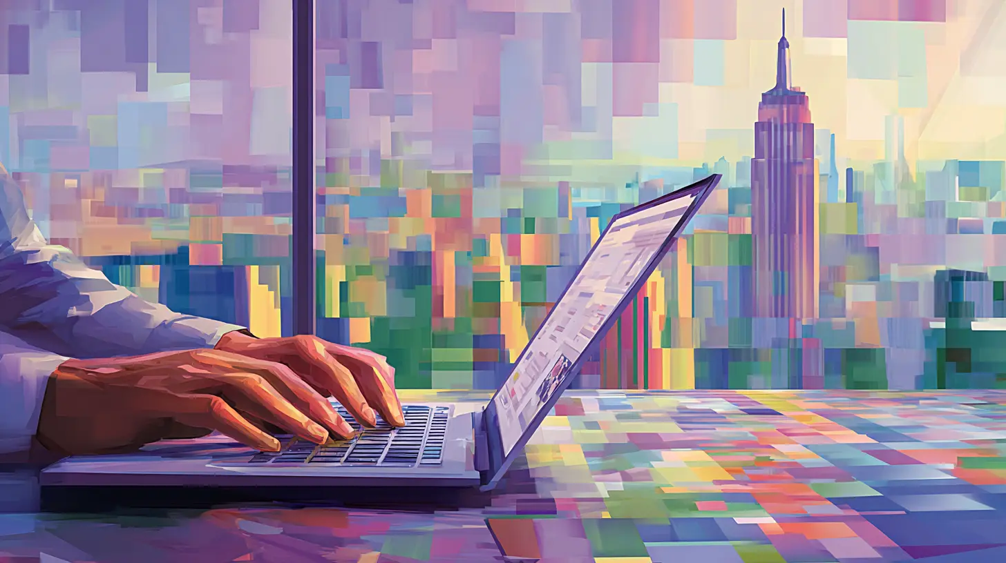 person infront of a laptop trying to calculate something. the laptop is on top of a table and there is a window through which you can see the empire state building.