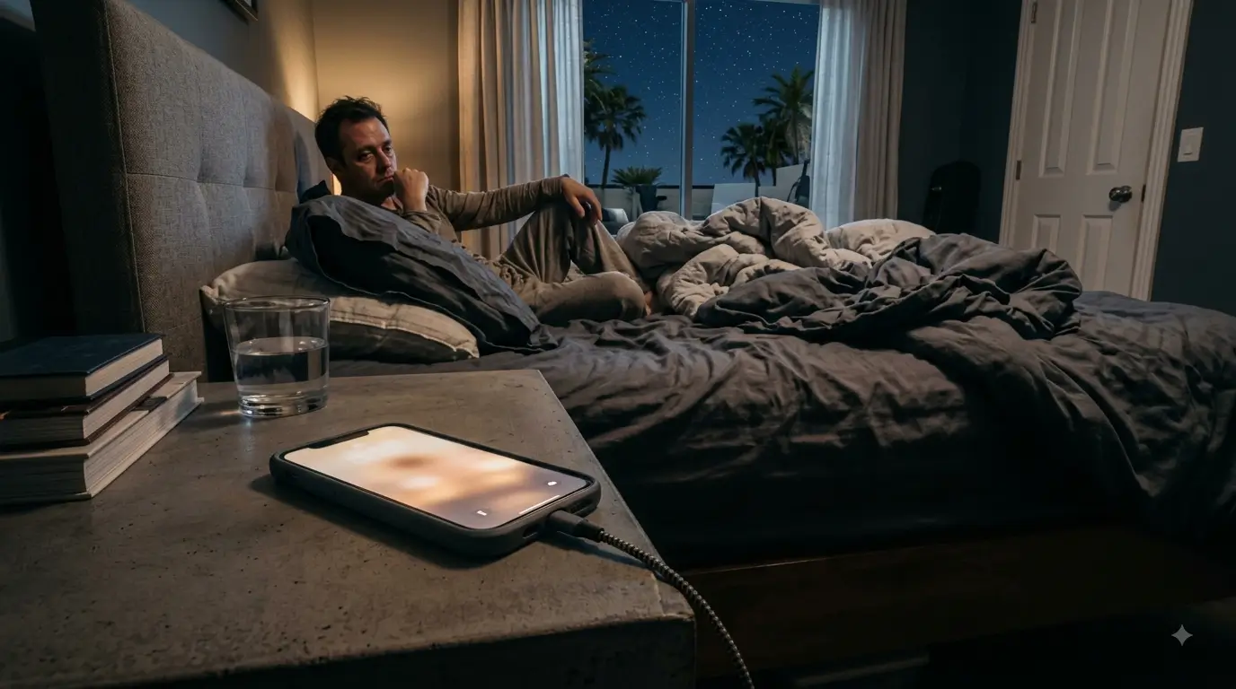 A burnout host and a phone glowing on a bedside table in a dark bedroom, screen lit by an incoming notification.