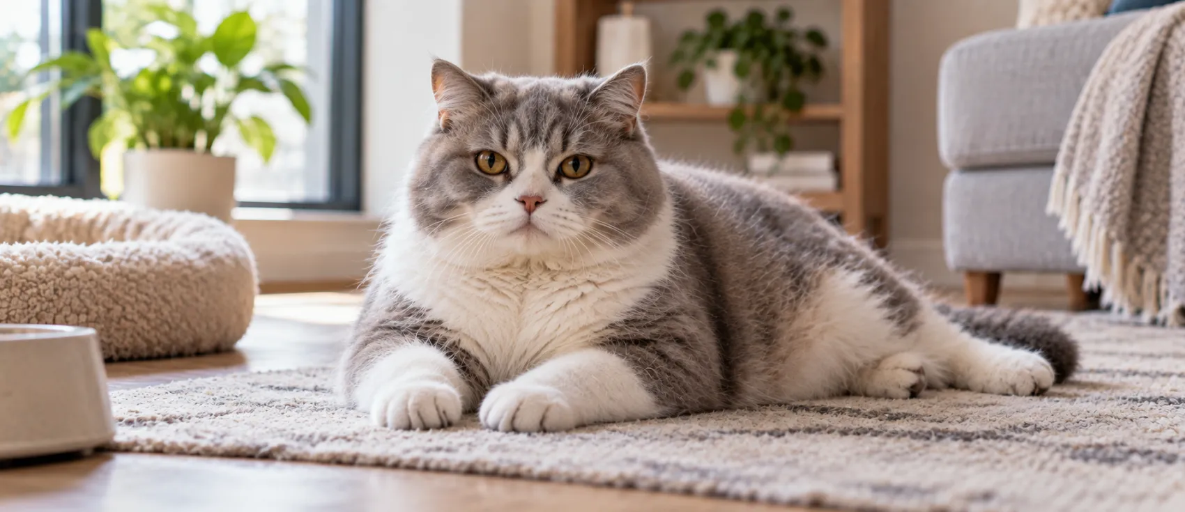A grey British Shorthair lies on a rug, appearing heavier set.
