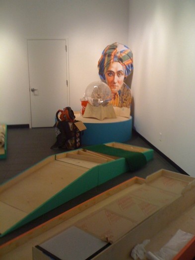 installation view of wooden structures
