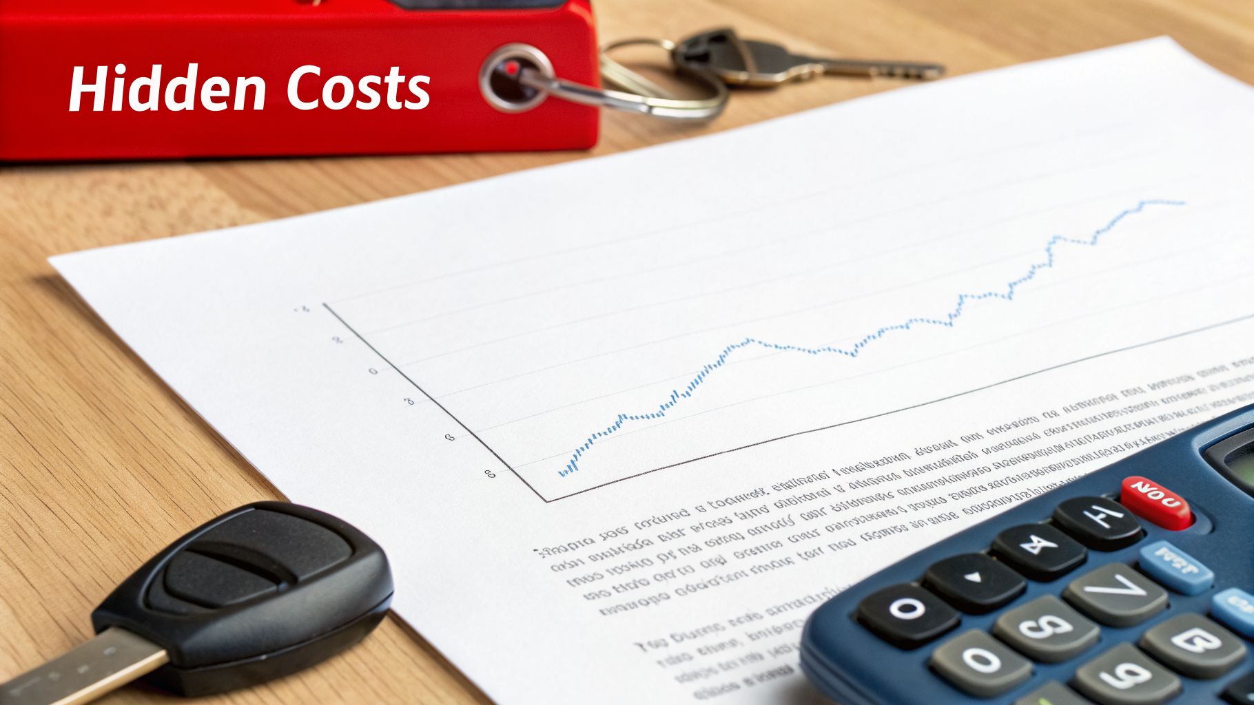 A red binder with 'Hidden Costs', car keys, a rising graph, and a calculator on a desk.