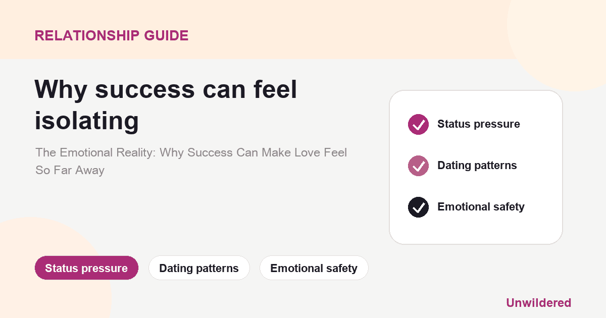 Explainer card for The Emotional Reality: Why Success Can Make Love Feel So Far Away: Status pressure, Dating patterns, Emotional safety.