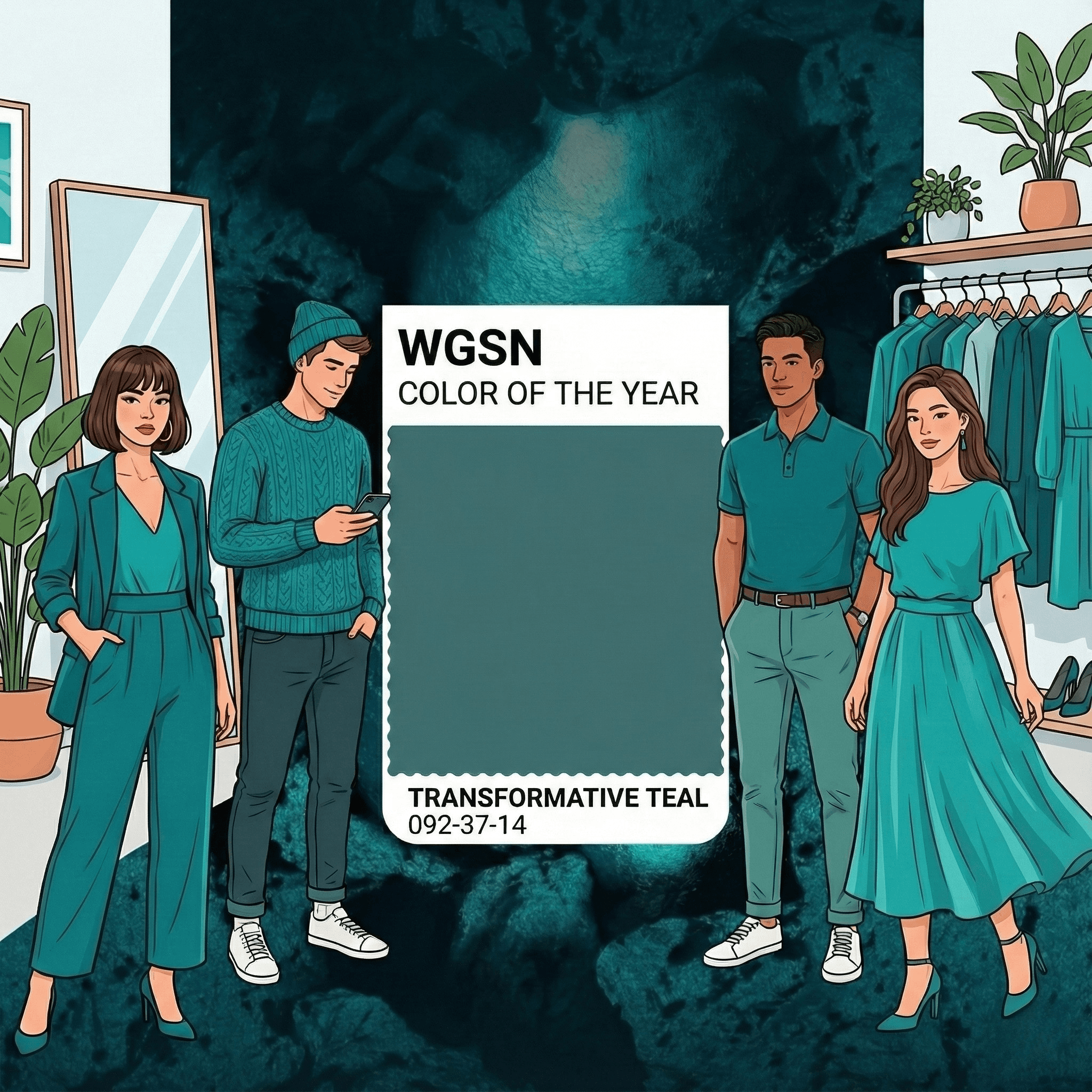 Transformative Teal fashion look styled for 2026, reflecting the calming and versatile color trend.