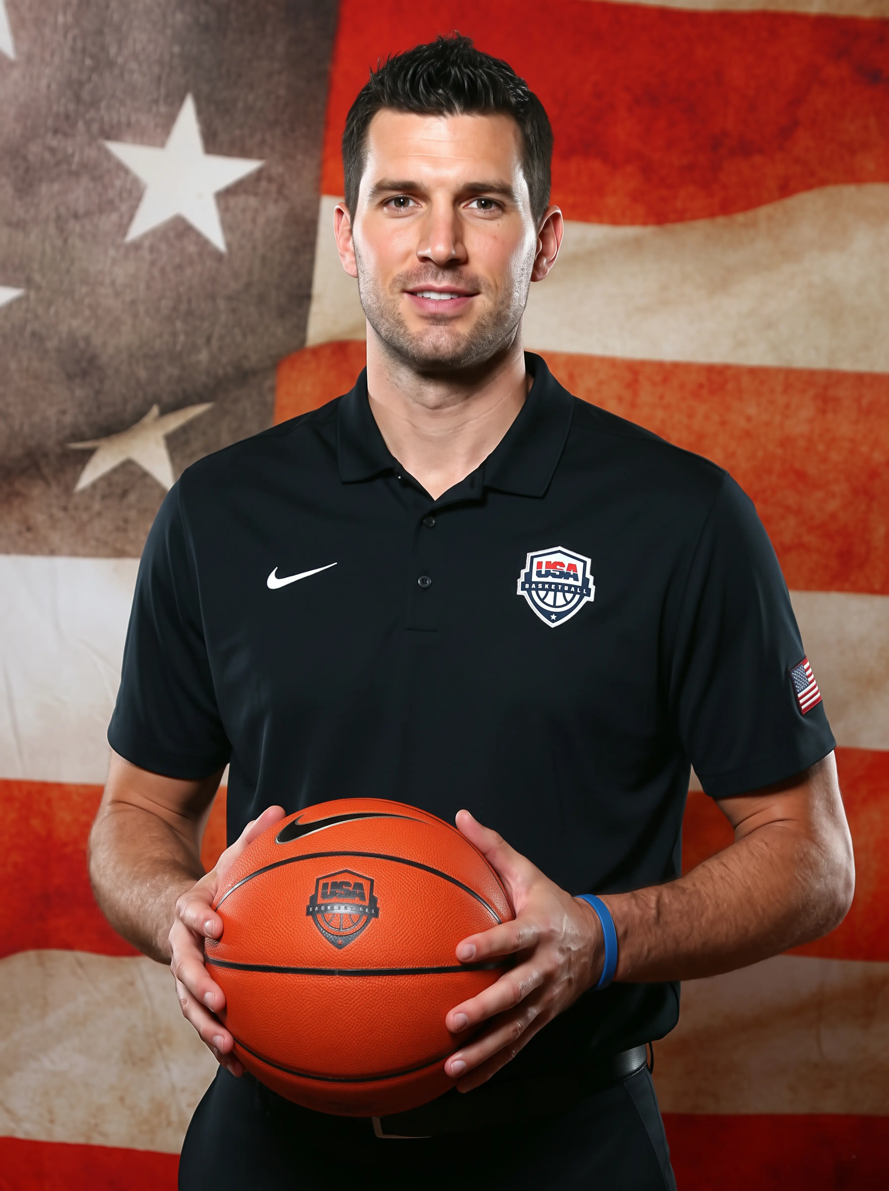Portrait photo of a sports coach infront of USA Flag