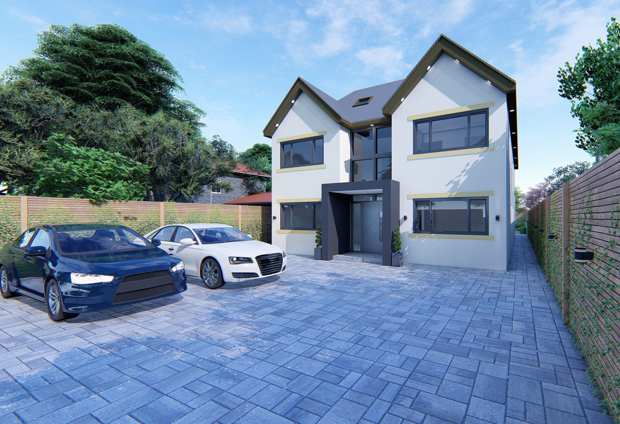 3D render of a modern new build luxury family home with double-height entrance in Chorlton, Manchester.