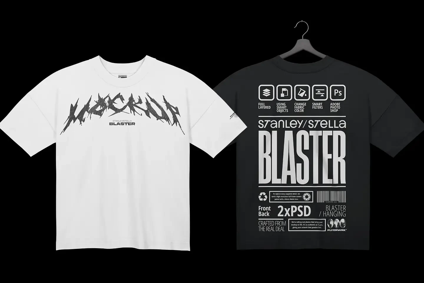Stanley Stella Blaster T-Shirt Hanging mockup front and back view with customizable design