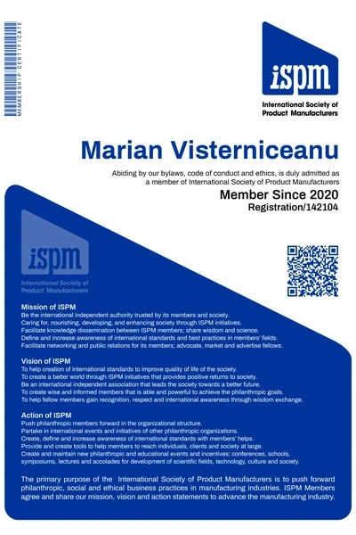 International Society of Product Manufacturers (ISPM) membership certificate, Marian Visterniceanu (Marian Vist)