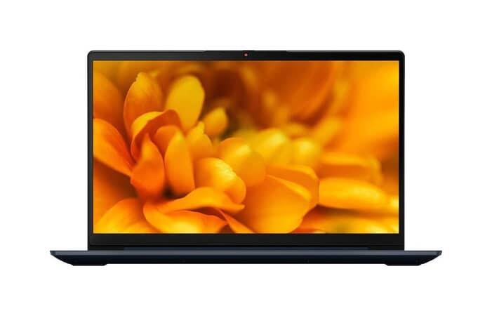 Lenovo IdeaPad laptop med en skærm, der viser et nærbillede af gule blomster, moderne design til hverdagsbrug.