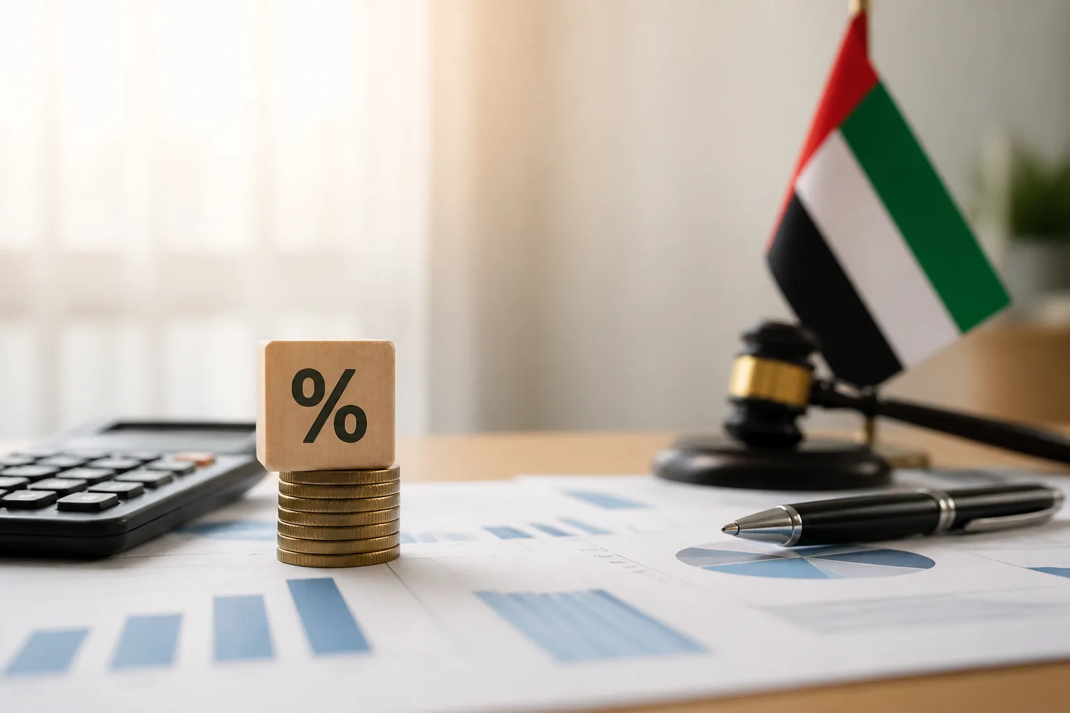 Corporate Tax Penalties in the UAE beside a tax filing dashboard and a document checklist
