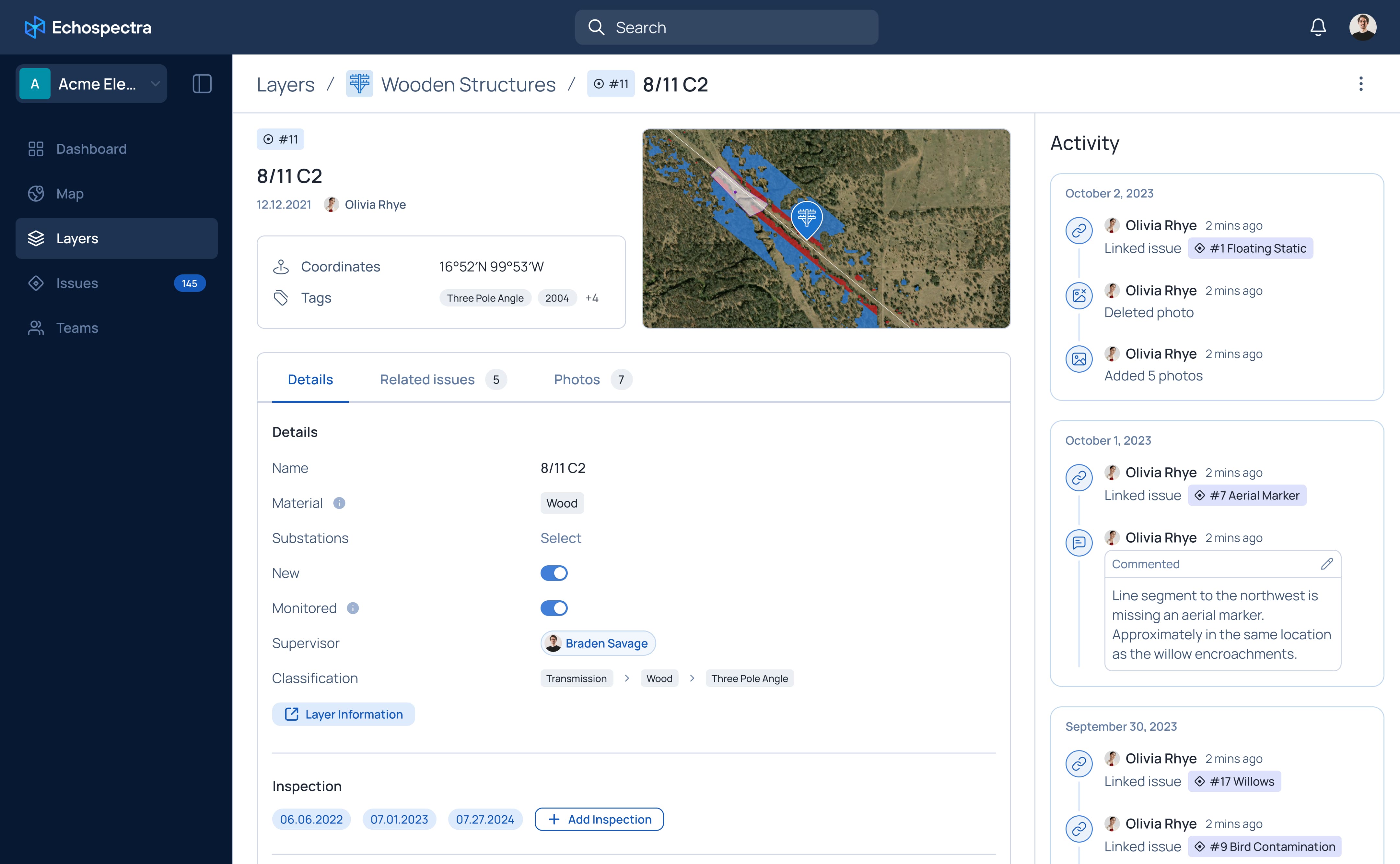 Detailed issue view in Echospectra, showing location, attributes, inspection details, and activity history.