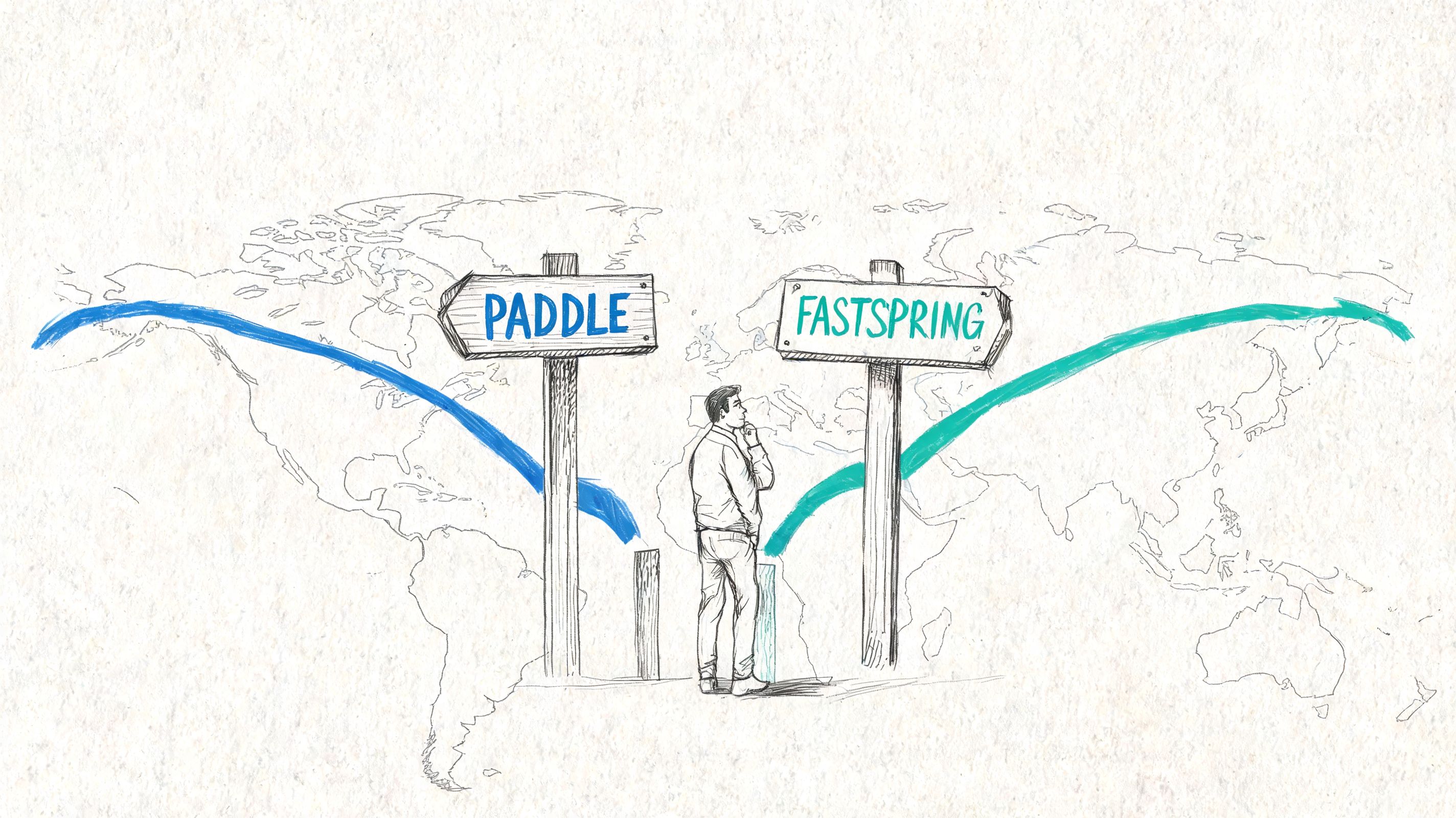 A person standing before signs pointing toward Paddle and FastSpring, illustrating a comparison for software businesses.