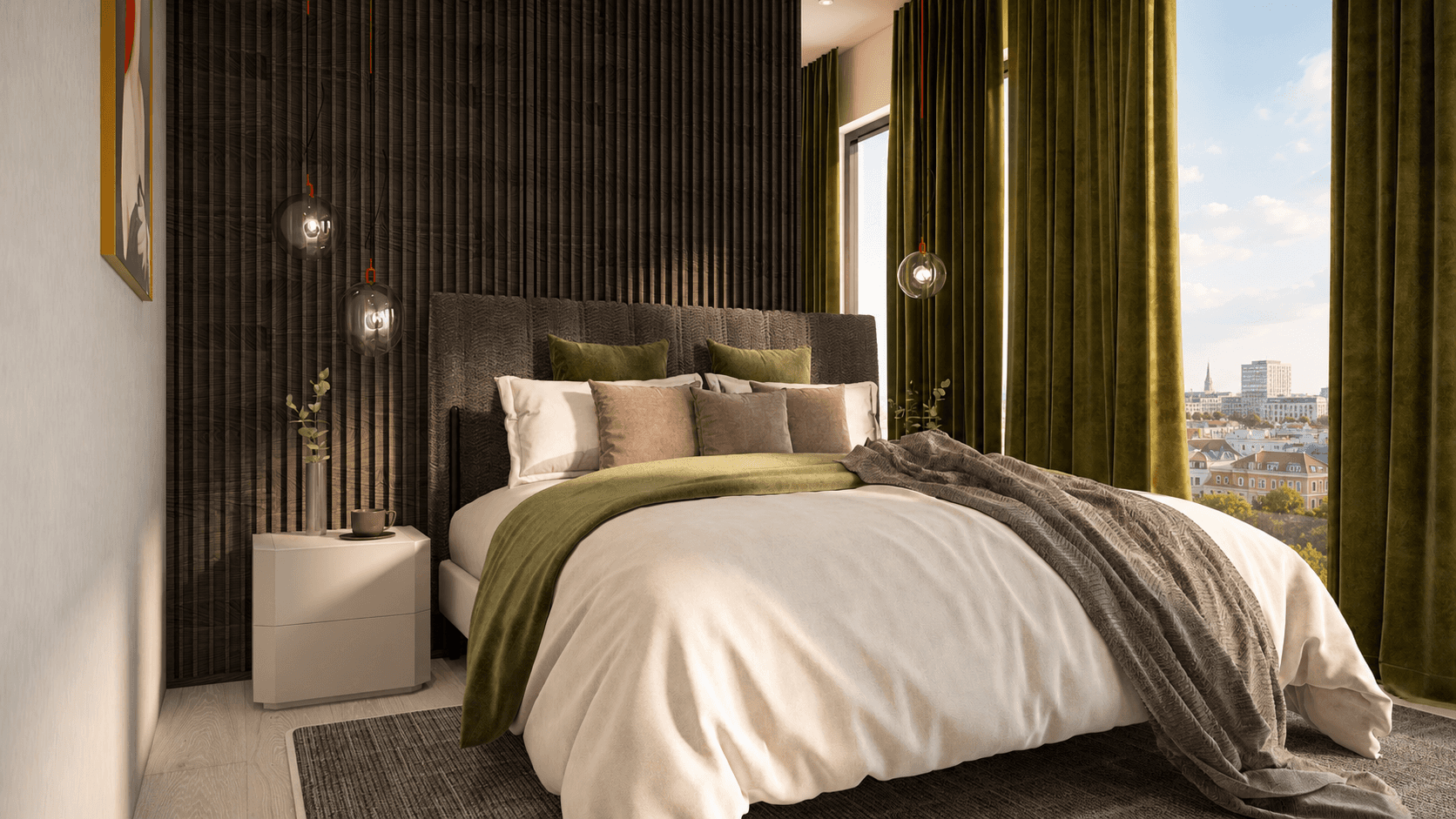 Urbanes Schlafzimmer im zeitlosen Interior Design mit dunklen Holzelementen, grünen Stoffen und Blick auf Berlin von Rosewood Interiors