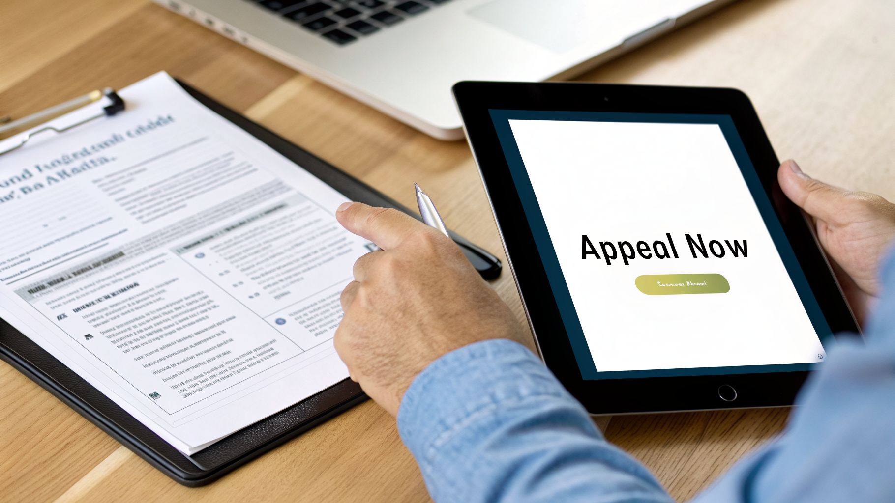 Hands pointing at a tablet displaying 'Appeal Now' next to a paper document and laptop.