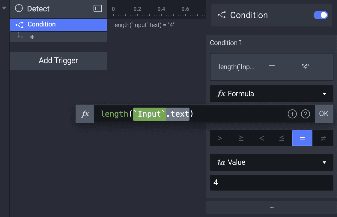 Photo showing how to create a detectable condition for when the Input's character length reaches 4.