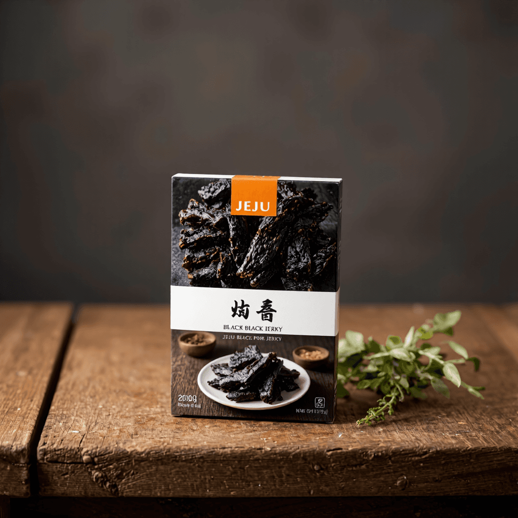 product photography of a box of Jeju black pork jerky