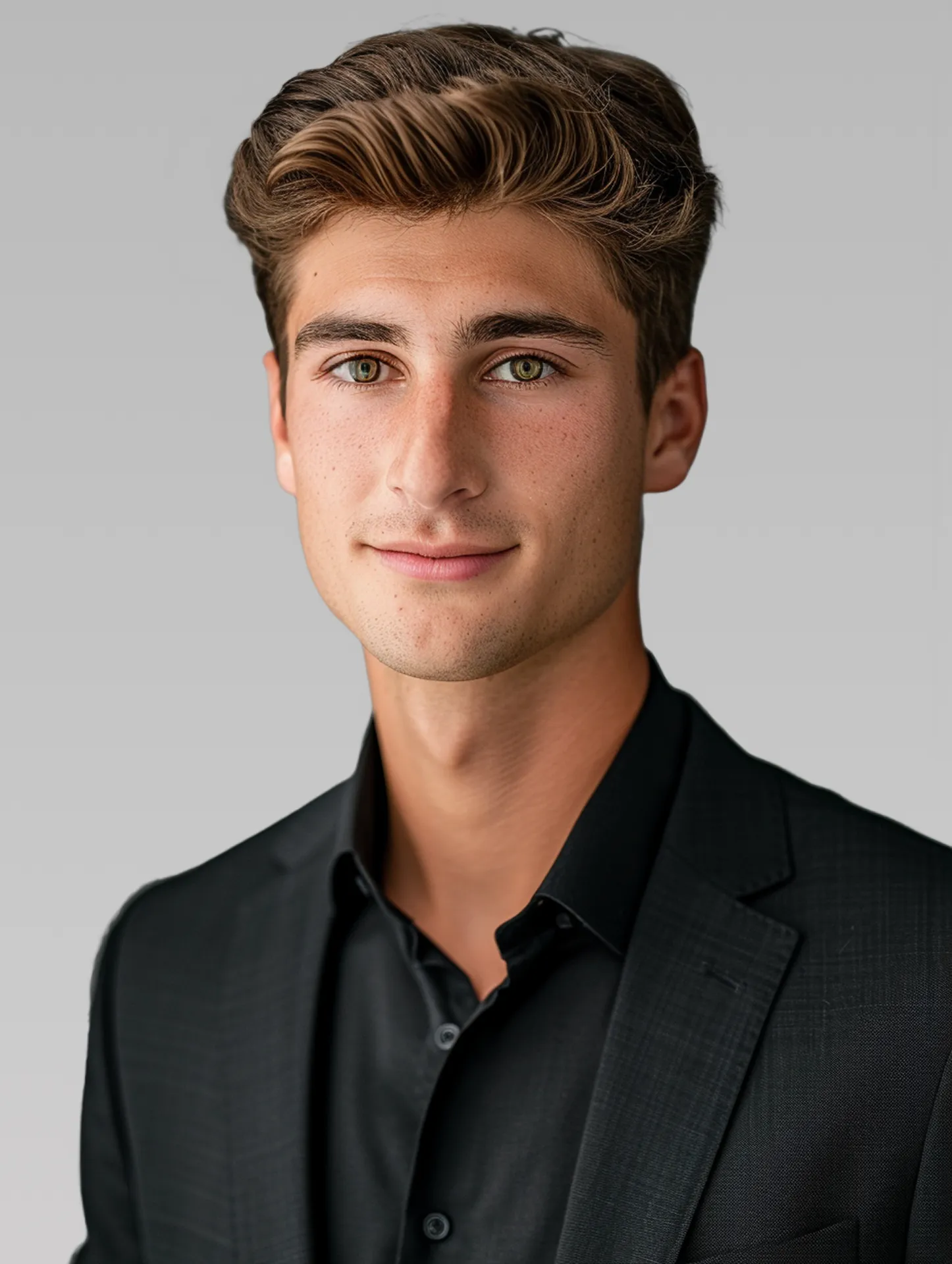 Professional portrait of a young boy in a suit with a neutral gray background, showcasing a clean and formal appearance.