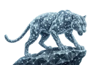 Un jaguar holographique bleu clair et blanc, composé de points lumineux interconnectés, se dresse majestueusement sur un.