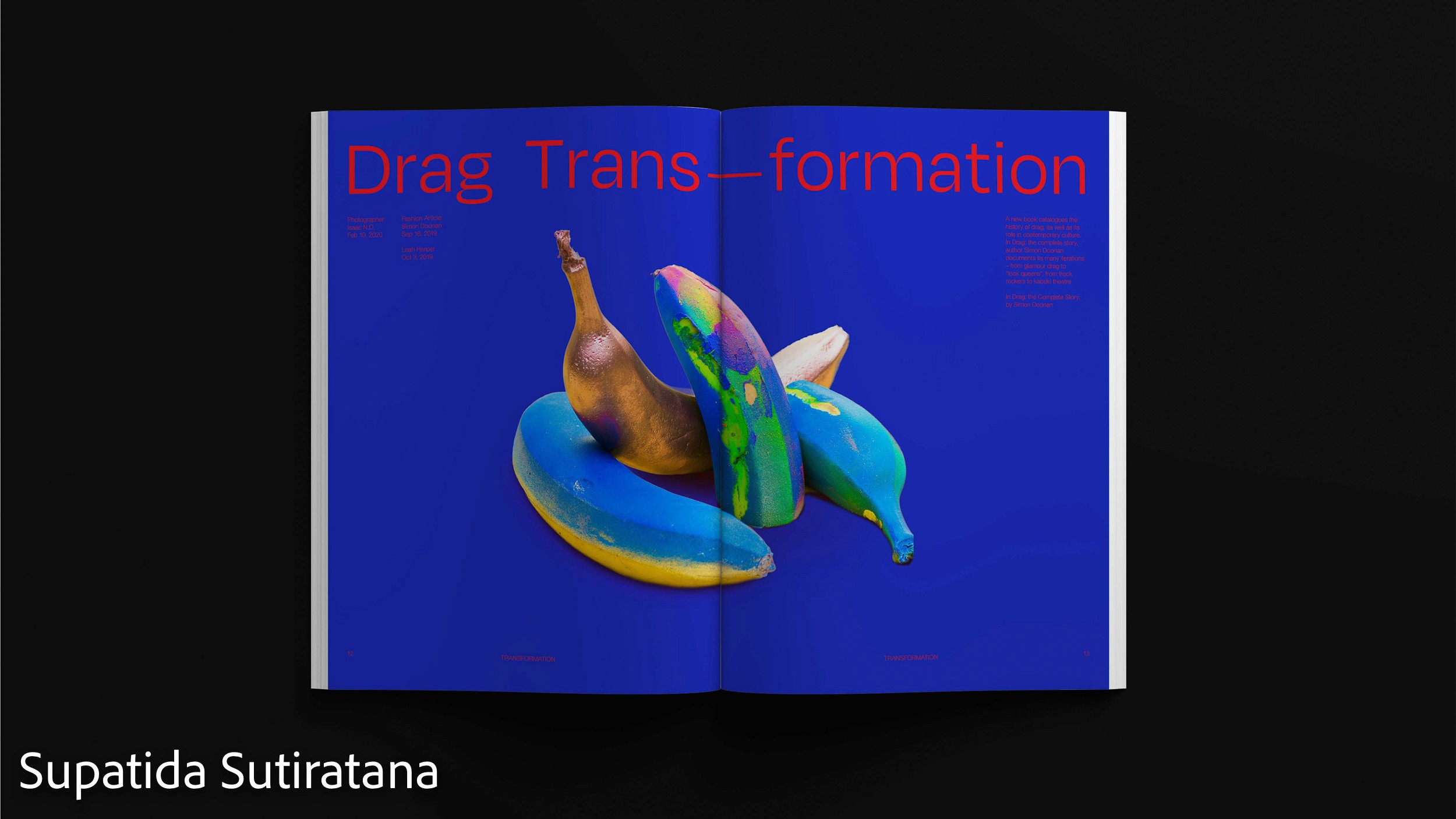 magazine spread with red text in blue background and colorful bananas, by Supatida Sutiratana