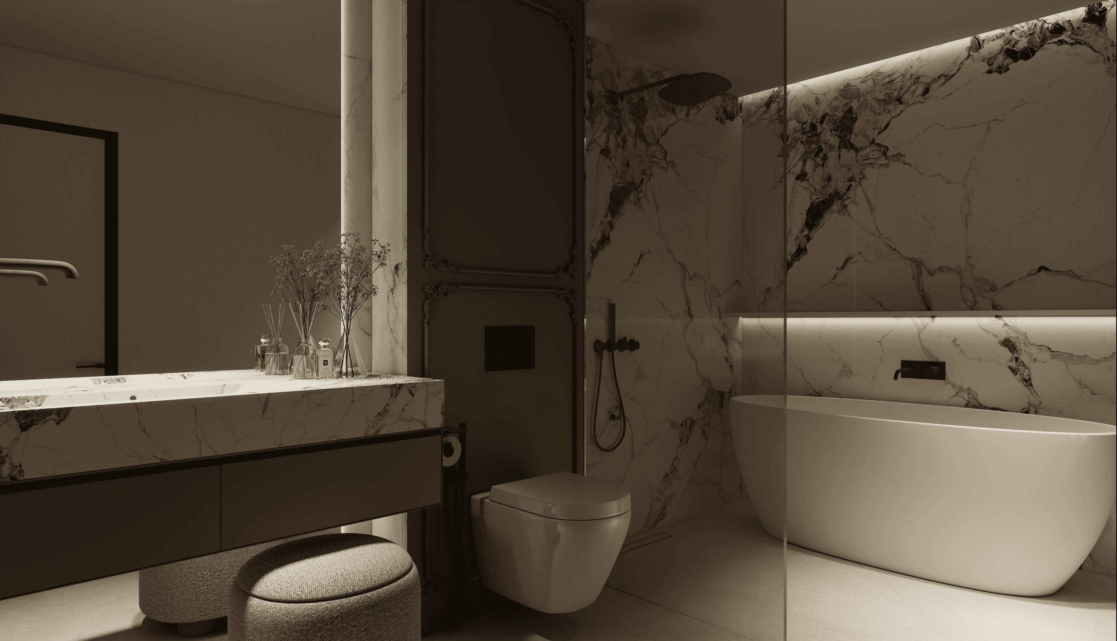 Bathroom after: marble walls, freestanding bath and concealed lighting